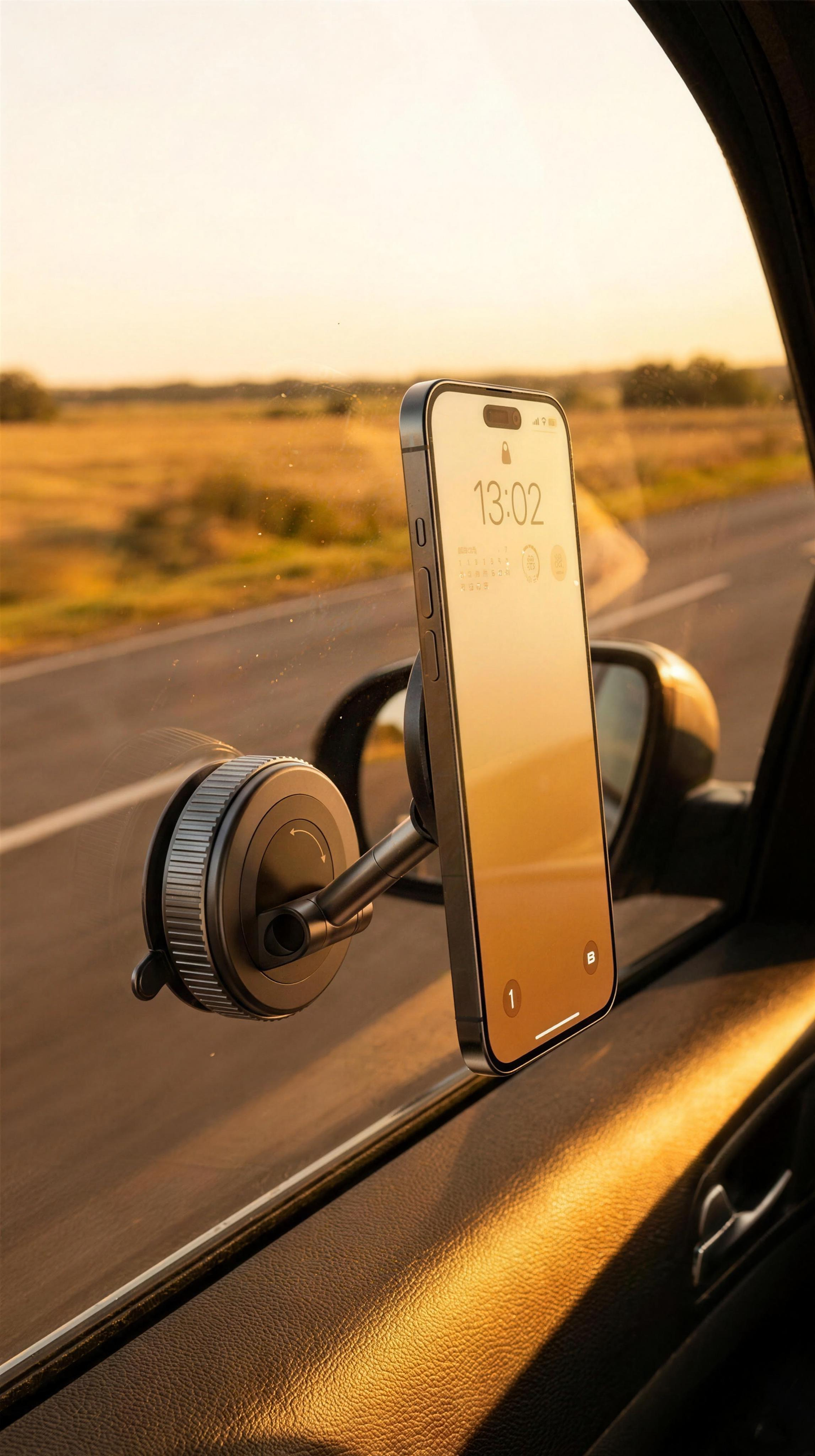 MagSeal magnetic phone mount holding a phone on a car dashboard at sunset