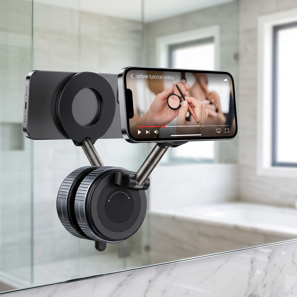 MagSeal magnetic phone mount holding a phone on a mirror